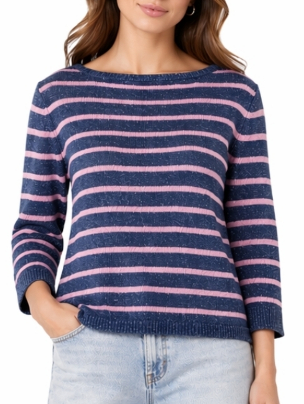 Talbots 100% Linen Knit Navy & Pink Stripe Boat Neck Pullover 3/4 Sleeve Top